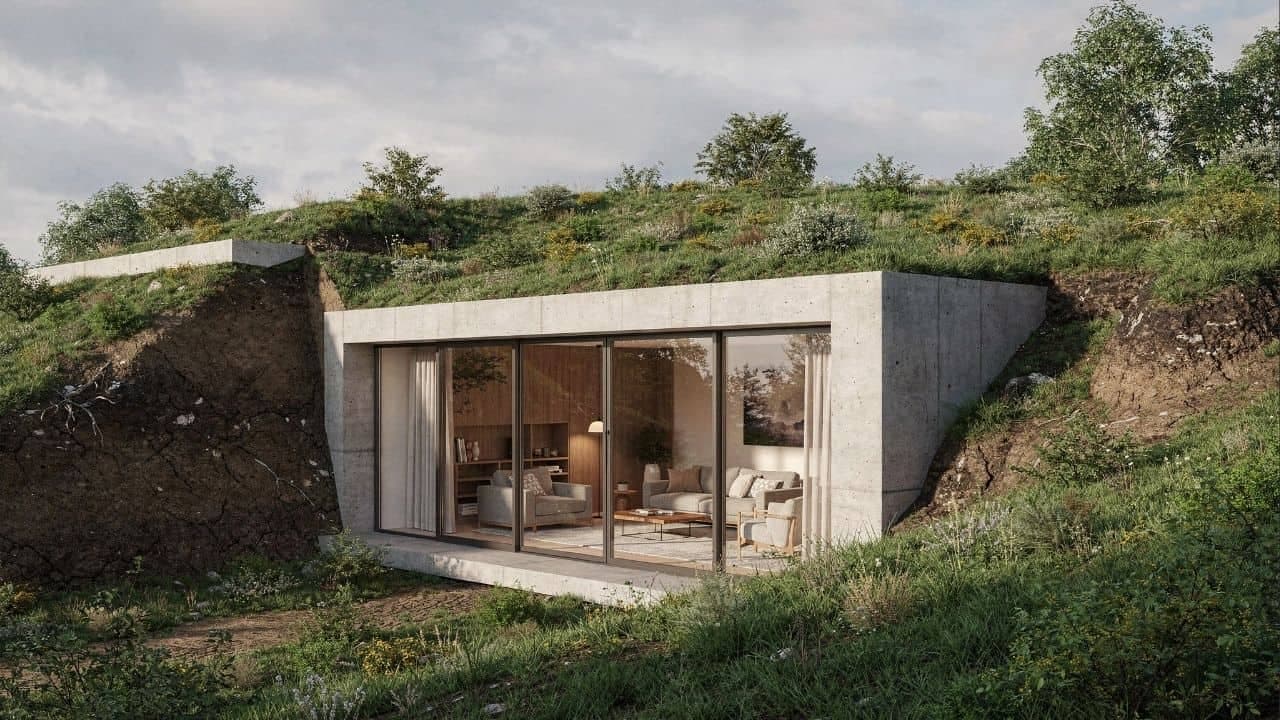 Casas subterrâneas eficientes reduzem energia usando isolamento térmico natural - Imagem criada por inteligência artificial (ChatGPT / Olhar Digital)