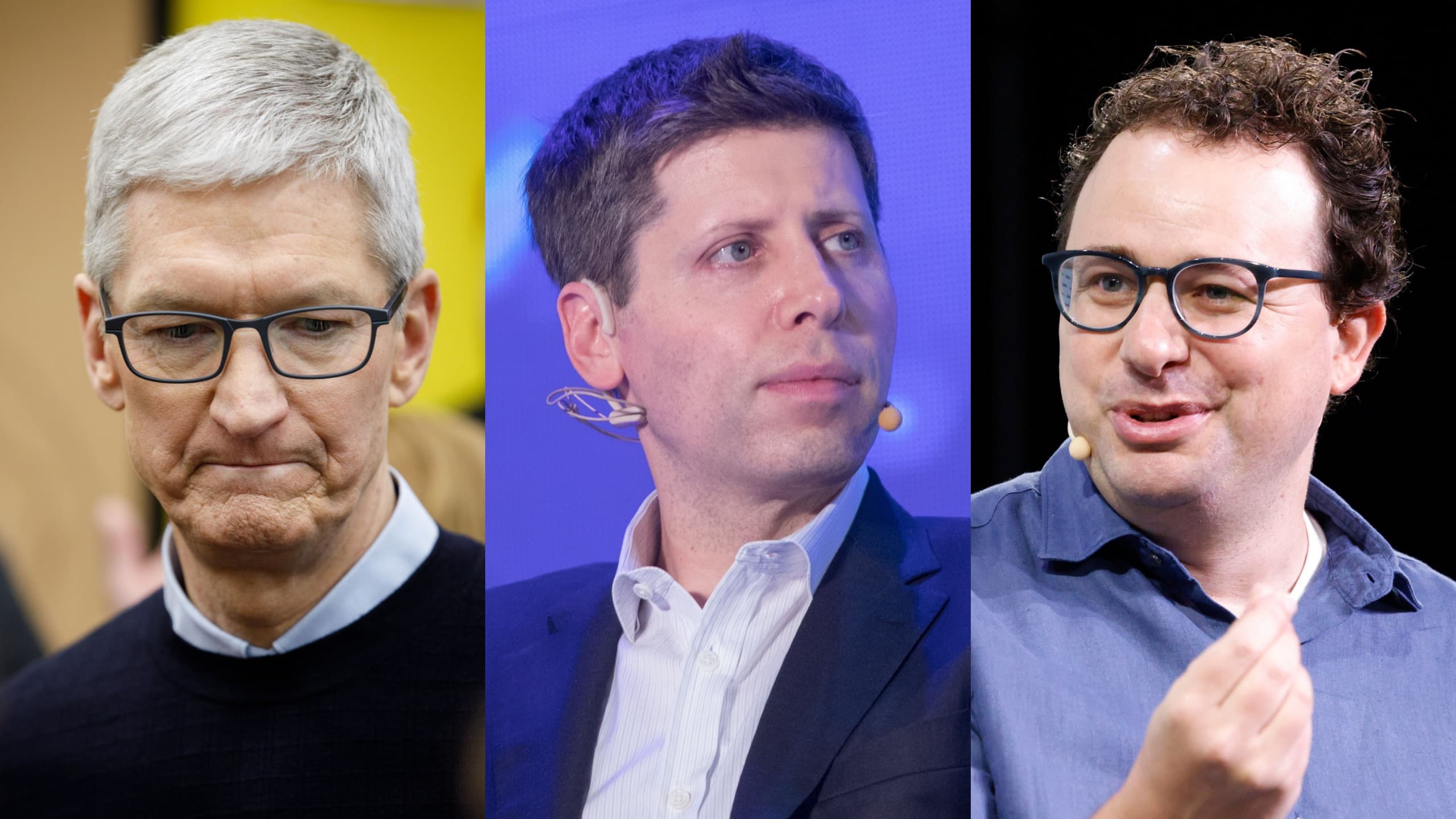 Da esquerda para a direita: CEOs da Apple, Tim Cook; da OpenAI, Sam Altman; e da Anthropic, Dario Amodei (Imagem: John Gress Media Inc e jamesonwu1972 - Shutterstock / TechCrunch)