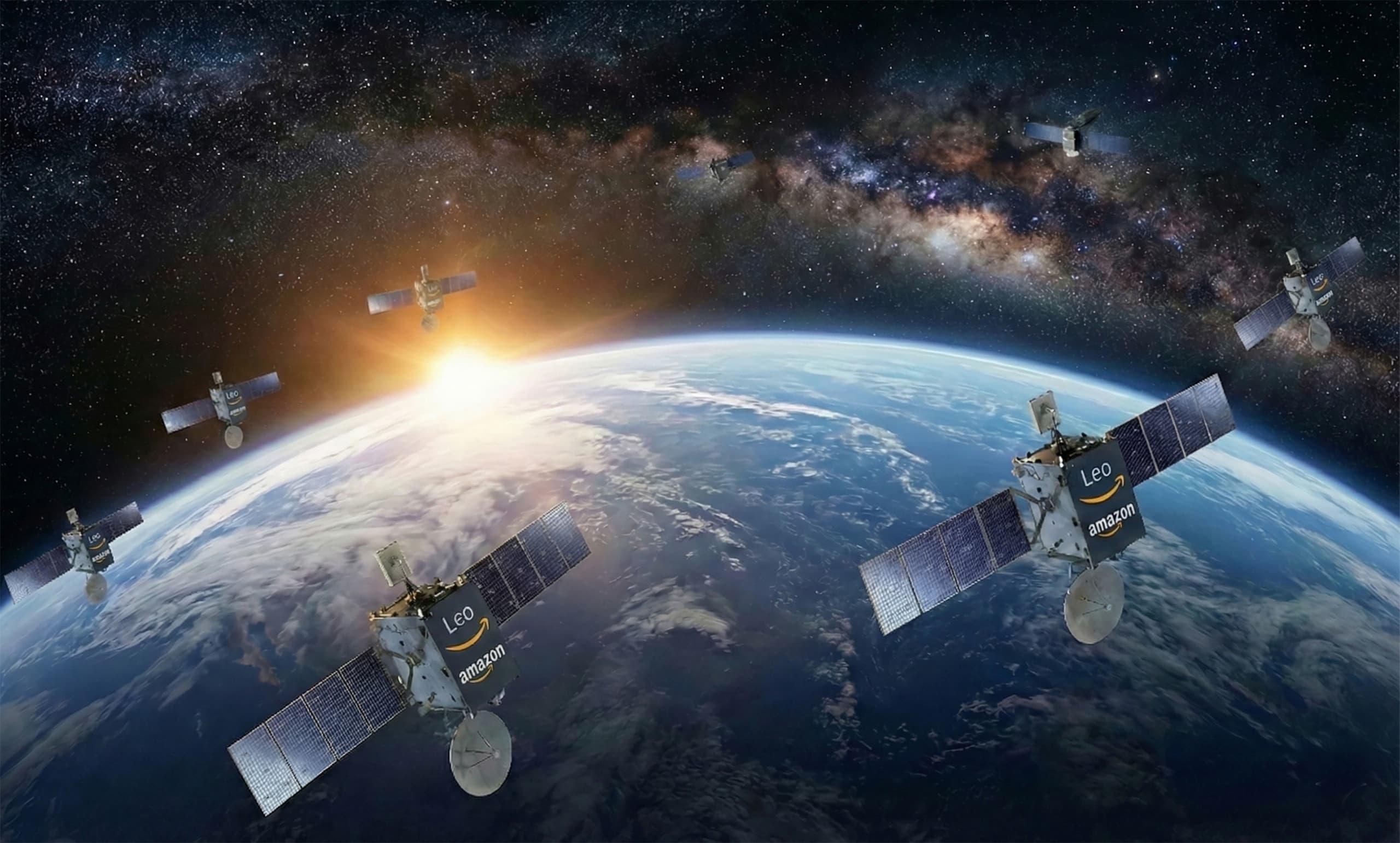 Representação artística dos satélites Amazon Leo na órbita da Terra. Crédito: Imagem gerada por IA/Gemini