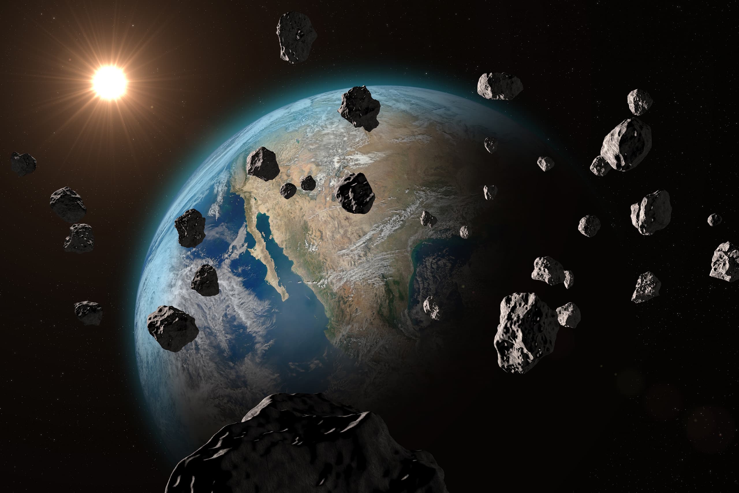 Representação artística de asteroides próximos da Terra – já são mais de 40 mil! Crédito: Buradaki - Shutterstock