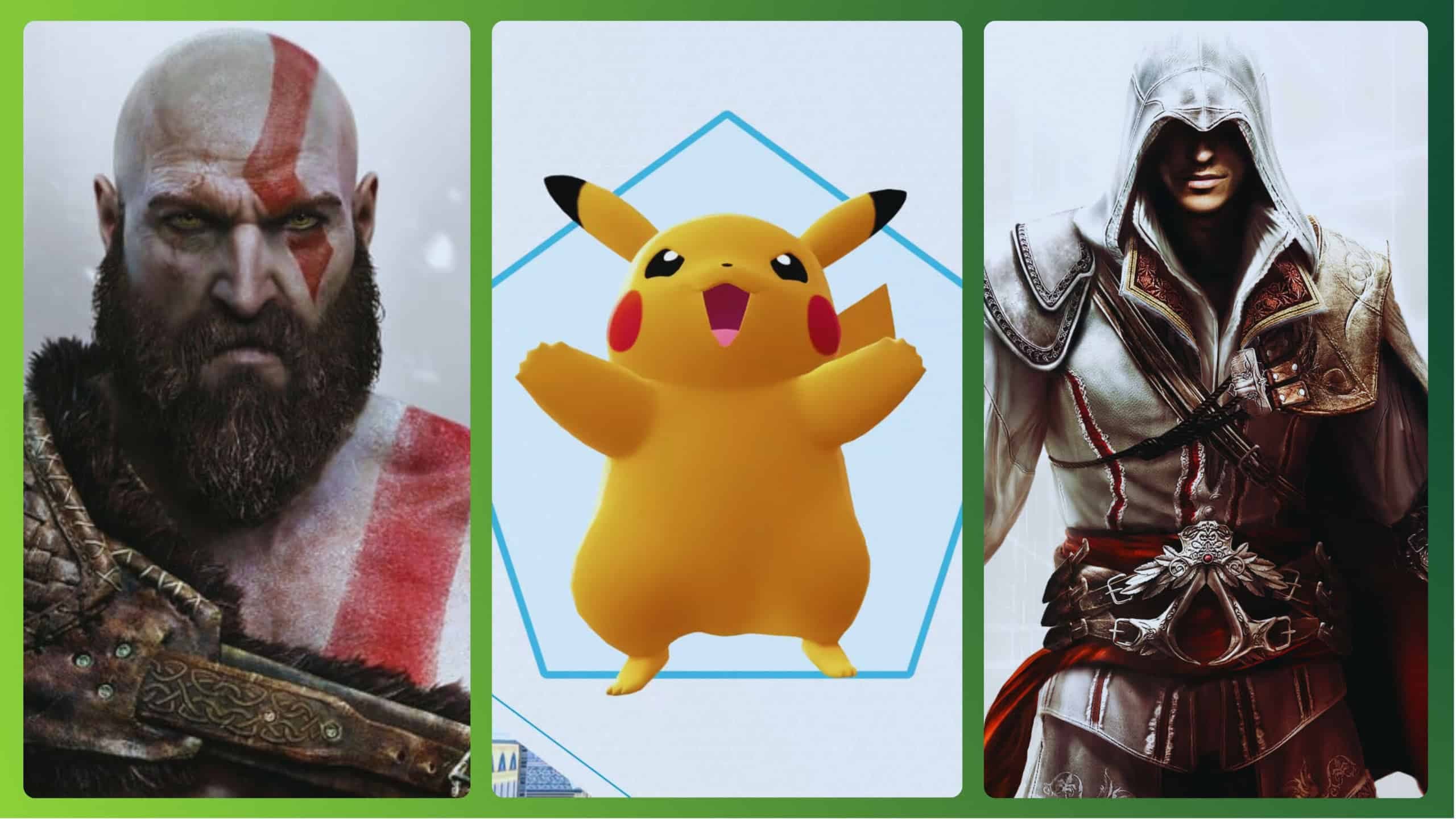 God of War da Santa Monica (first-party), Pokémon da Game Freak (second-party) e Assasins Creed da Ubisoft (third-party) – divulgação/produção.