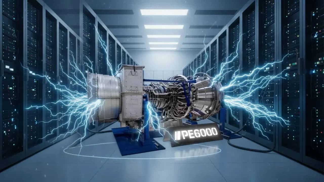 A ProEnergy transforma núcleos de motores de aeronaves, como o CF6-80C2 doBoeing 747, em turbinas PE6000 capazes de gerar energia para data centers.Montagem: Layse Ventura via Gemini / Olhar Digital