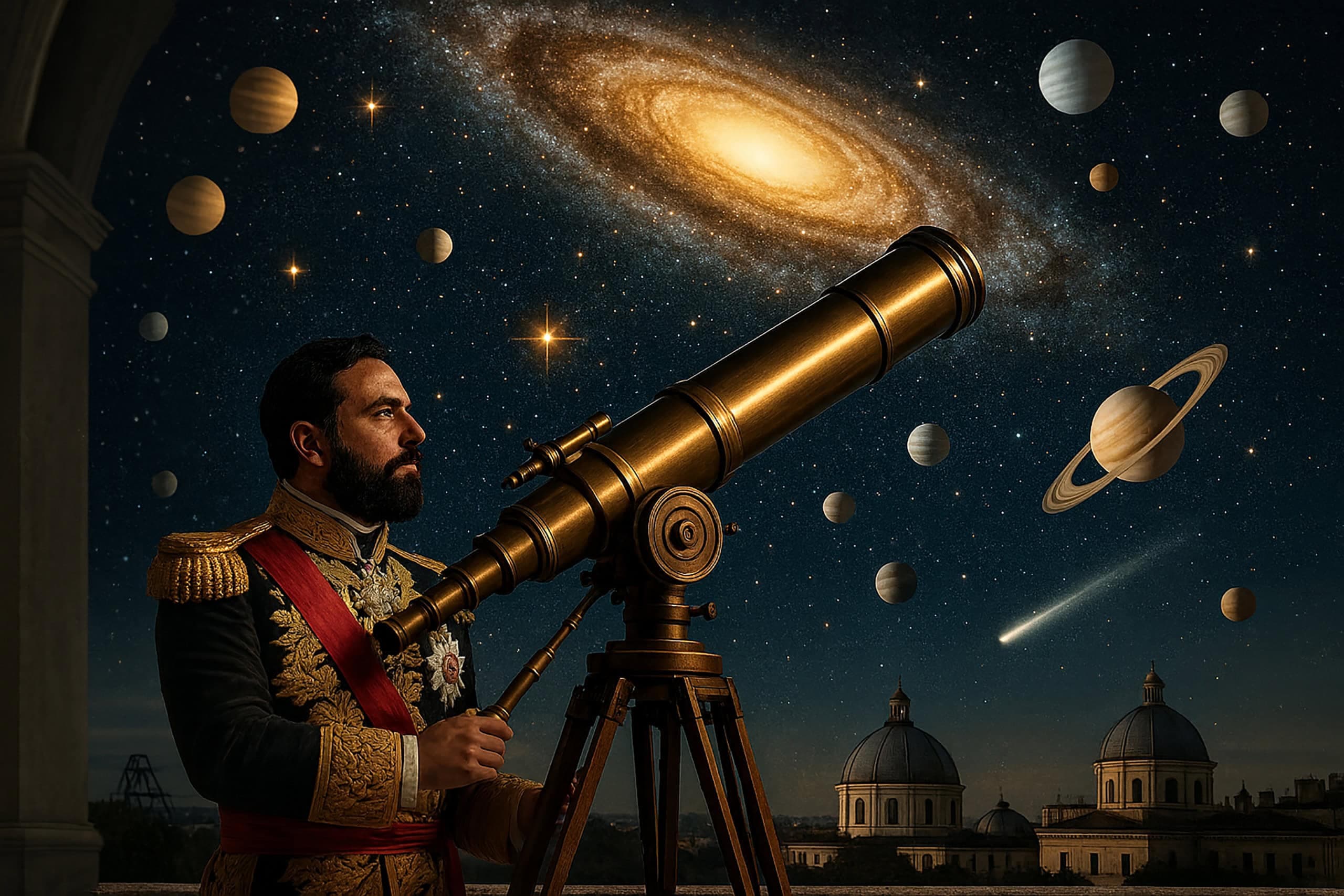 Representação artística de D. Pedro II, patrono da astronomia brasileira. Créito: Imagem gerada por IA/Gemini