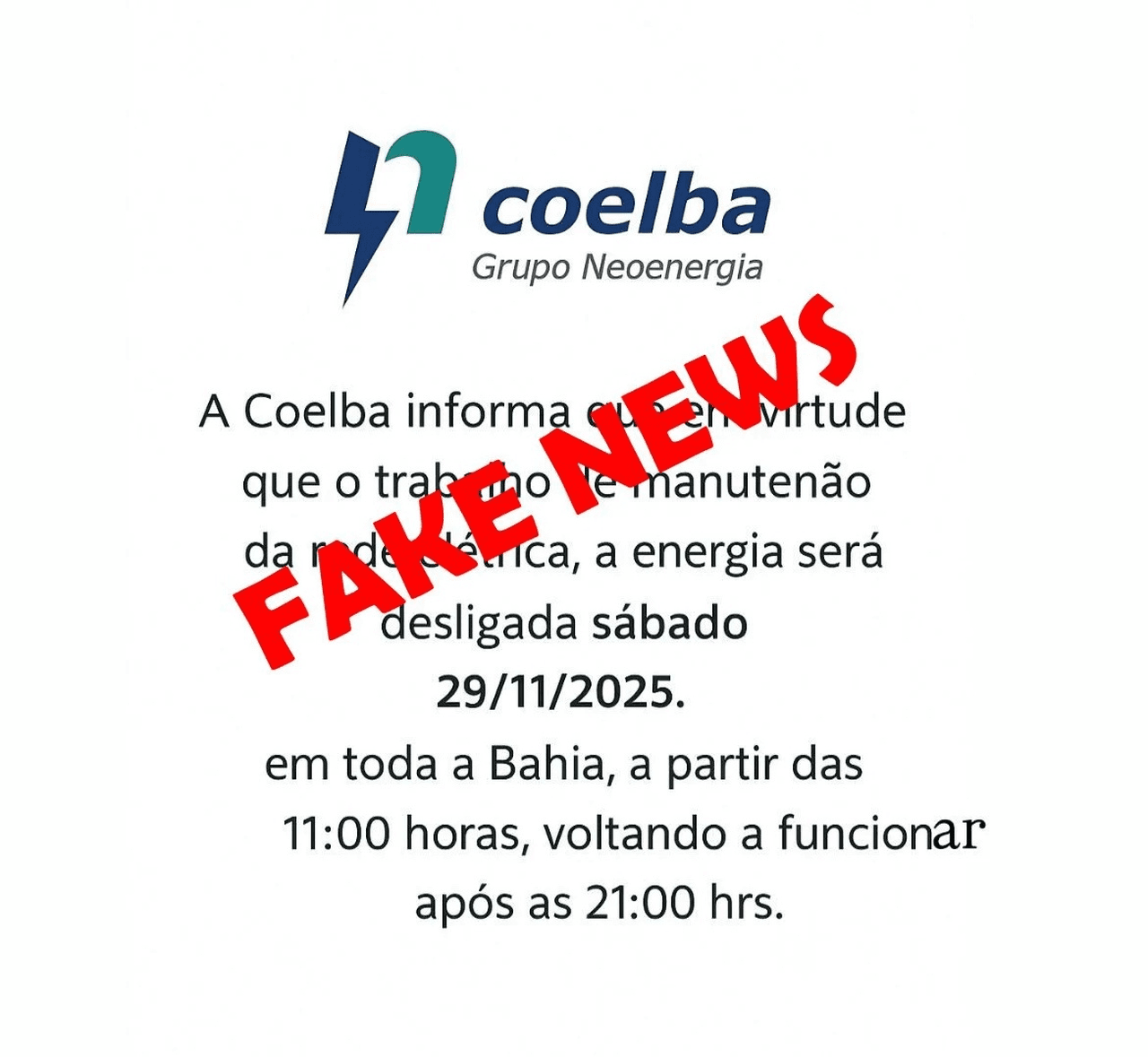 Coelba desmente boato de desligamento de energia na Bahia neste sábado (29)