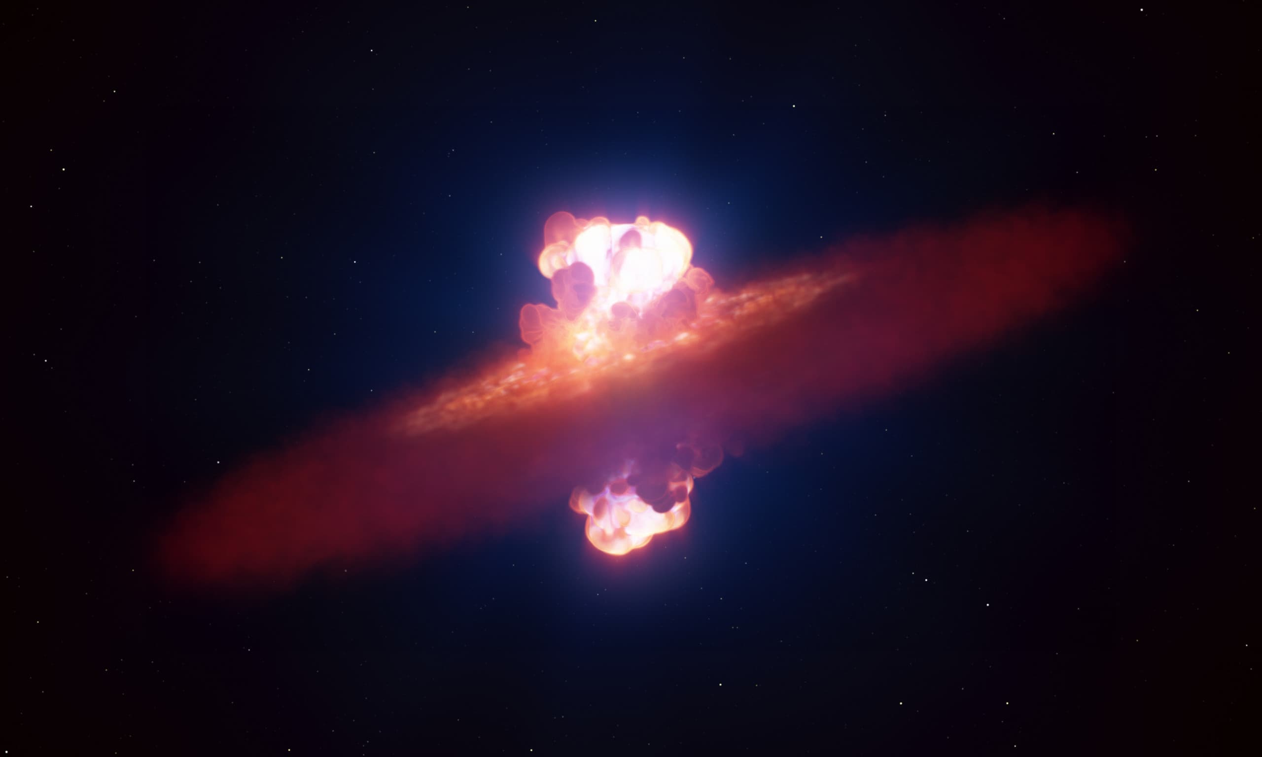 Representação artística da supernova SN 2024ggi, que explodiu na galáxia NGC 3621 a cerca de 22 milhões de anos-luz de distância da Terra. Créito: ESO/L. Calçada