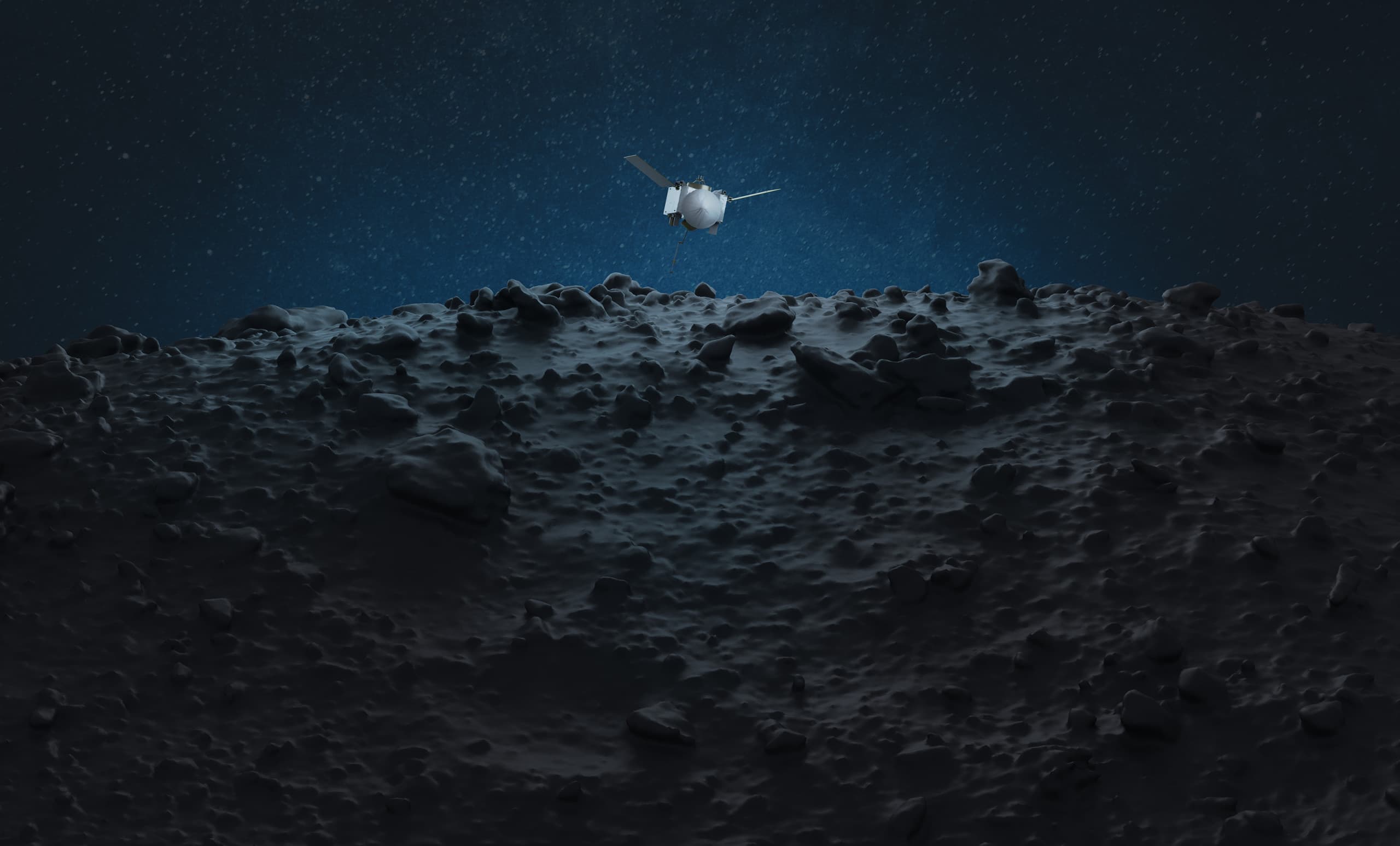 Representação artística da sonda OSIRIS-REx, da NASA, pousando no asteroide Bennu para coletar amostras e trazer à Terra. Crédito: joshimerbin - Shutterstock
