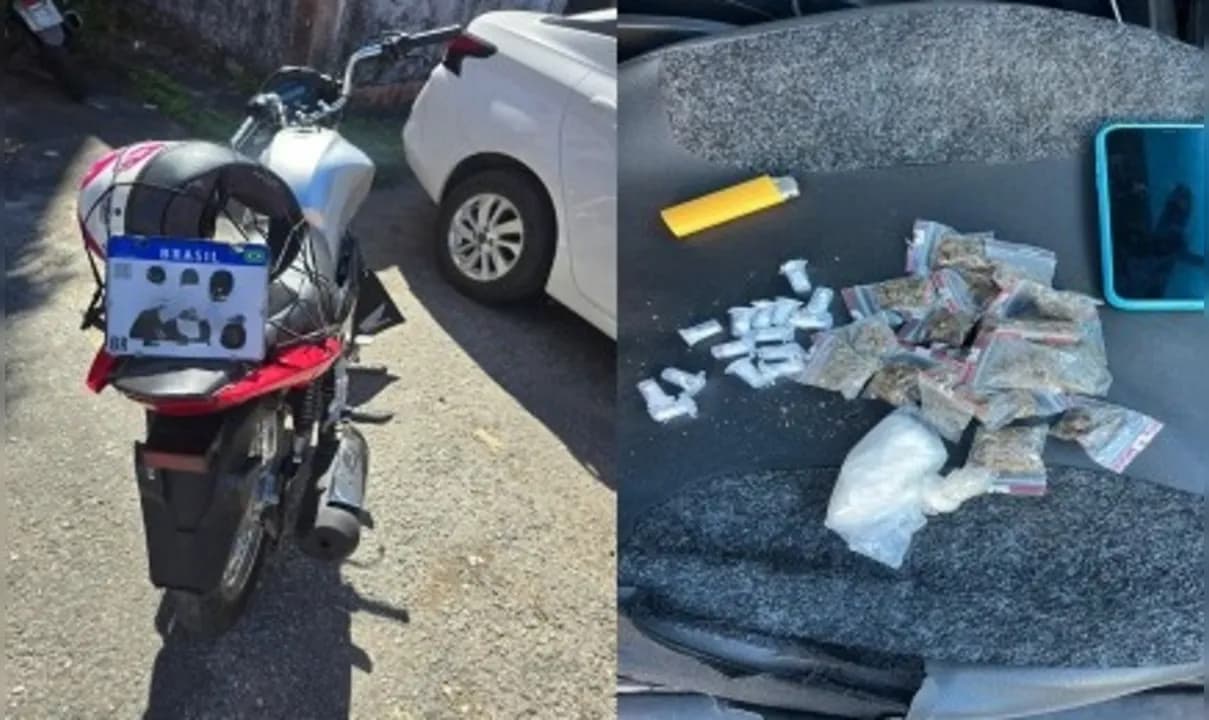 Suspeito foi detido por roubo e posse de drogas. 