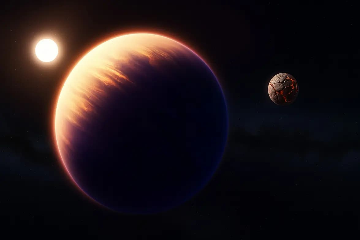 Representação artística de um exoplaneta gigante que orbita muito próximo daestrela hospedeira na companhia de uma possível exolua vulcânica. Crédito:Imagem gerada por IA