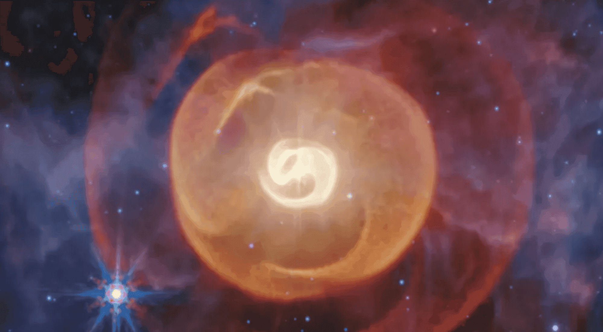 Imagem no infravermelho médio obtida pelo JWST das espirais de poeira ao redor do sistema estelar triplo Apep, que inclui duas estrelas Wolf-Rayet. (Crédito da imagem: NASA/ESA/CSA/STScI; Ciência: Yinuo Han (Caltech)/Ryan White (Universidade Macquarie); Processamento de imagem: Alyssa Pagan (STScI).)