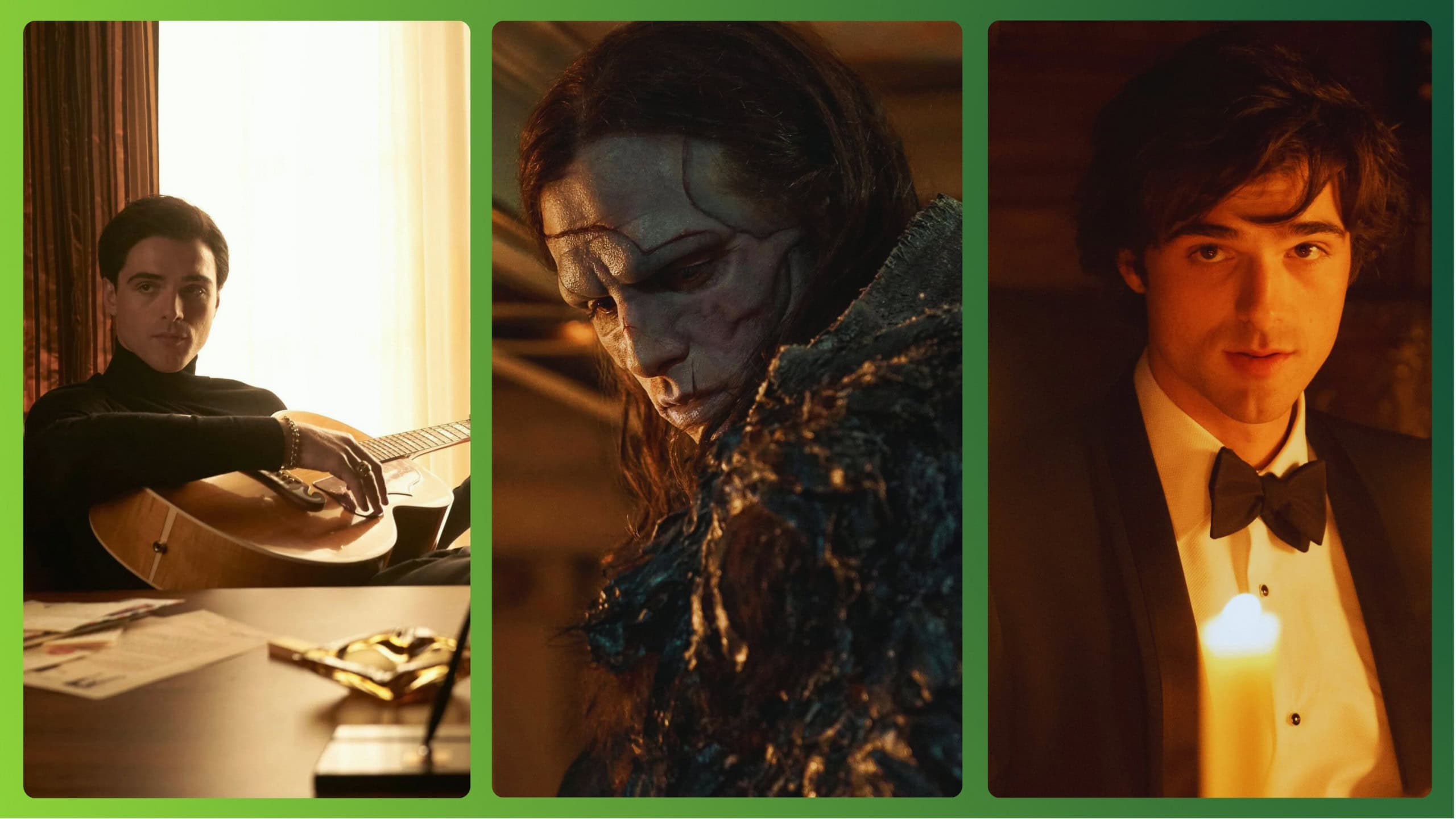 Jacobi Elordi em Priscila, Frankenstein e Saltburn (Créditos, respectivamente: The Apartment Pictures, Netflix, Prime Video | Montagem: Kelvin Leão/Olhar Digital)