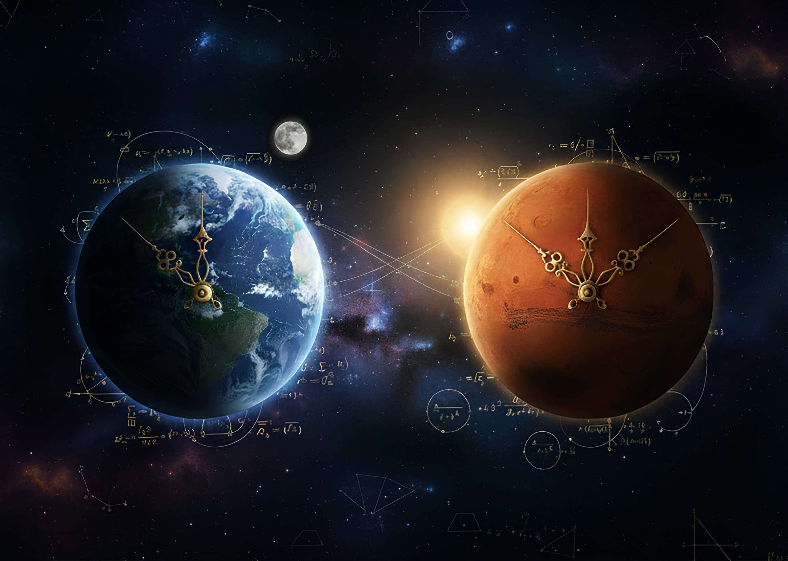 A pequena diferença de tempo entre Marte e Terra terá efeito sobre futuras redes de comunicação e navegação no Sistema Solar interno. Crédito: Imagem gerada por IA/Gemini