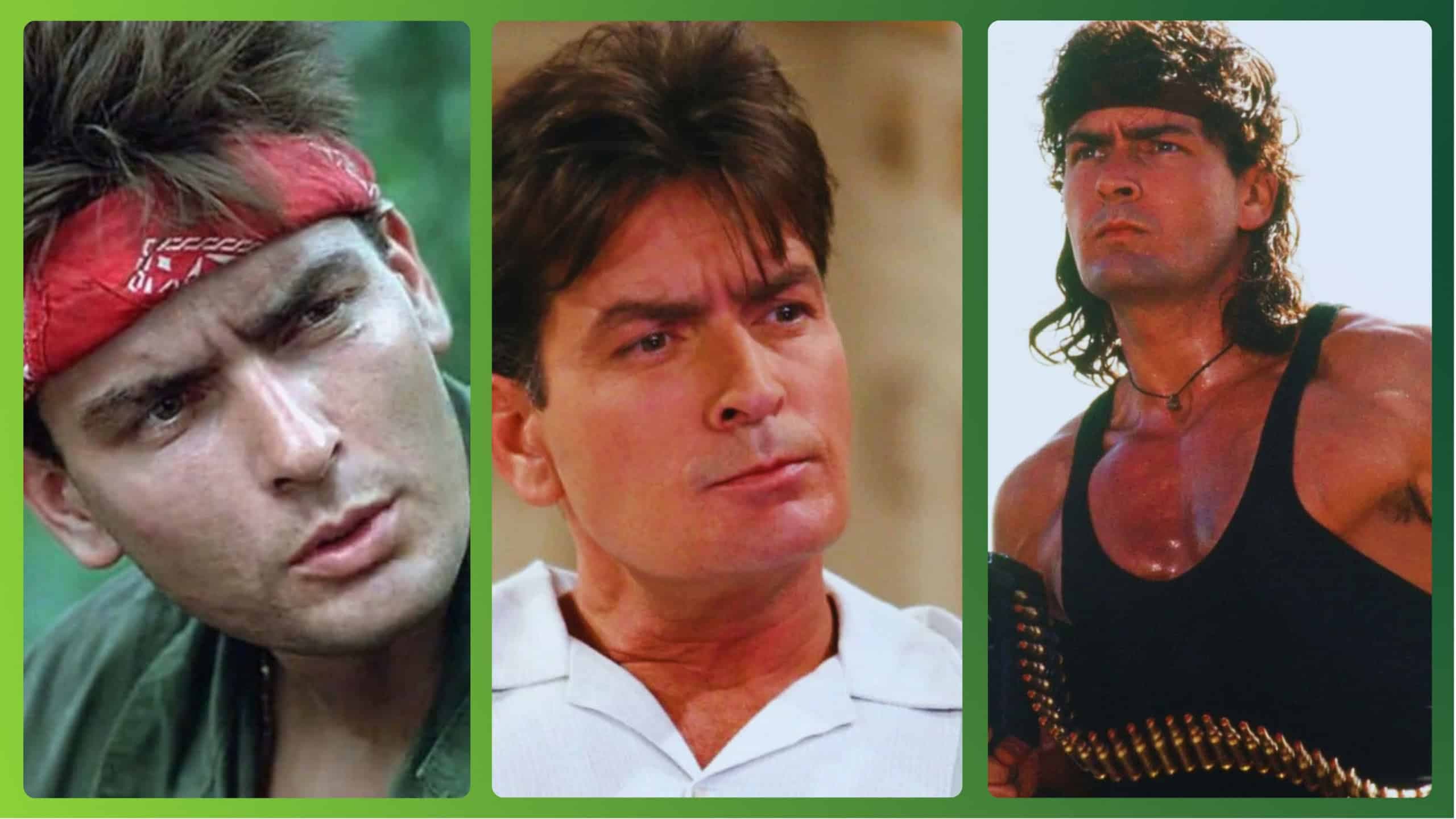Charlie Sheen em Platoon, dois homens e meio e top gung (reprodução)