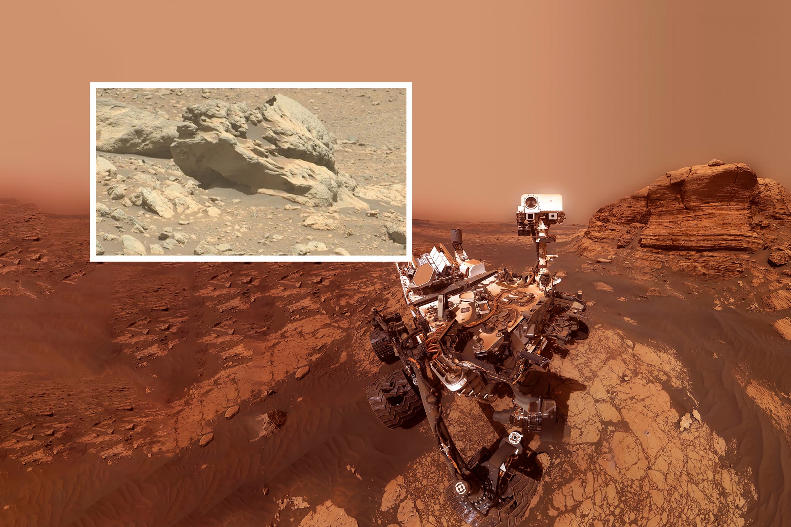 No destaque, a rocha Phippsaksla, descoberta pelo rover Perseverance (na representação artística ao fundo), em Marte. Créditos: NASA/JPL-Caltech/ASU (rocha) / Artsiom P - Shutterstock (fundo)