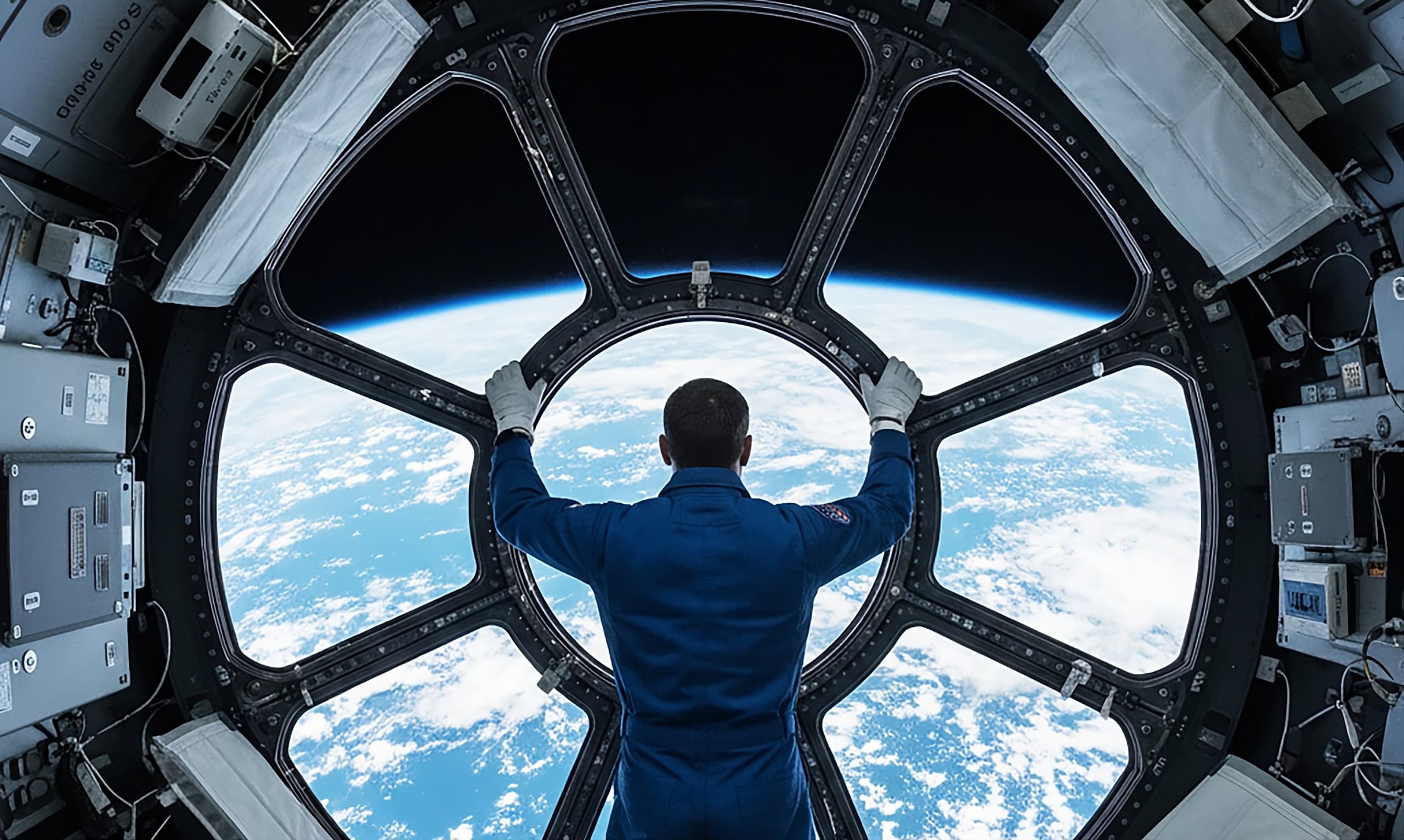 Representação artística de um astronauta olhando para a Terra a partir da cúpula da uma estação espacial fictícia. Crédito: Imagem gerada por IA/Gemini