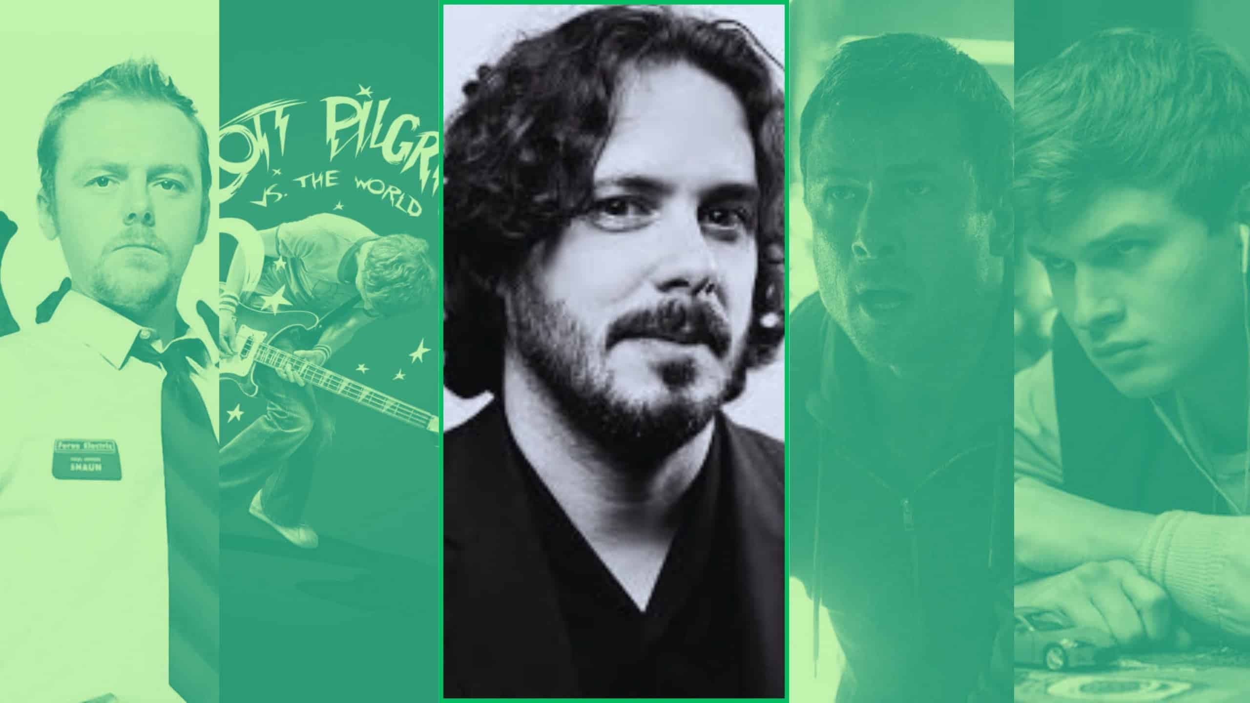 Cineasta Edgar Wright e seus filmes: Shaun of the Dead,Scott Pilgrim, Running Man, Baby Driver (reproudução/divulgação)