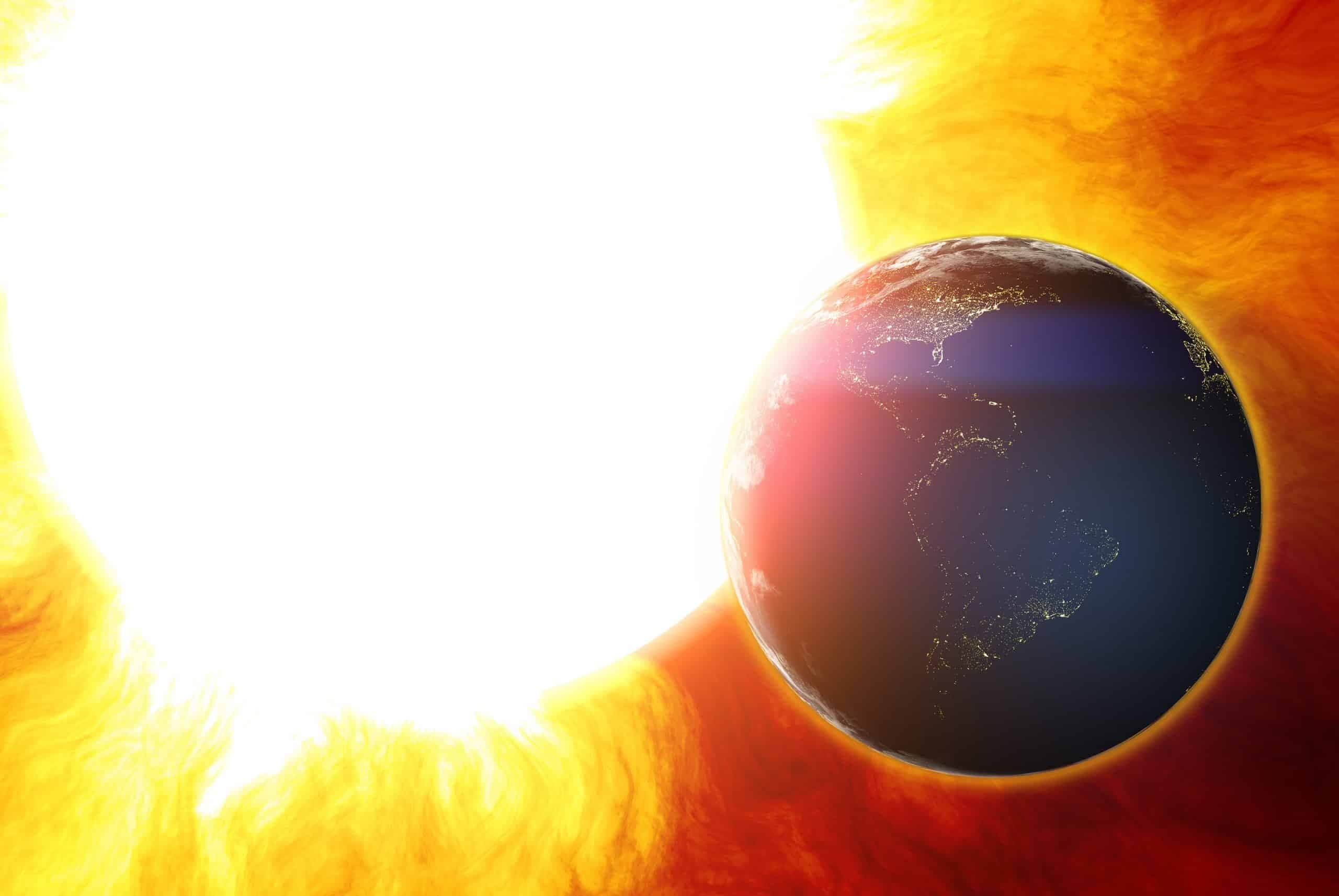 Representação artística de uma forte erupção solar em direção à Terra. Crédito: Sahara Prince - Shutterstock