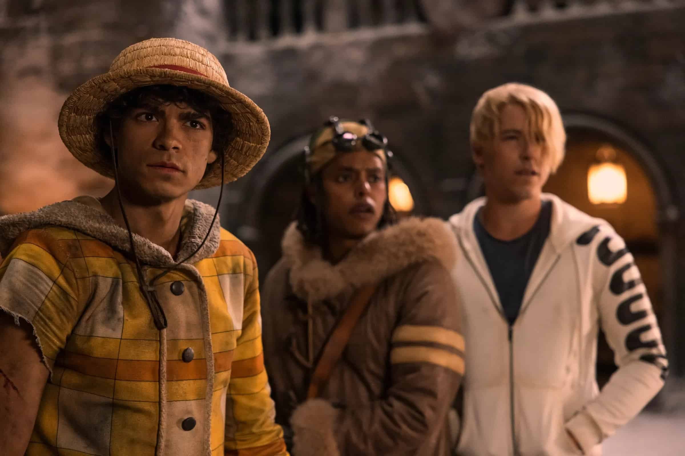 Iñaki Godoy como Monkey D. Luffy, Jacob Romero como Usopp, Taz Skylar como Sanji no live action de One Piece na Netflix. (Imagem: divulgação/Netflix)