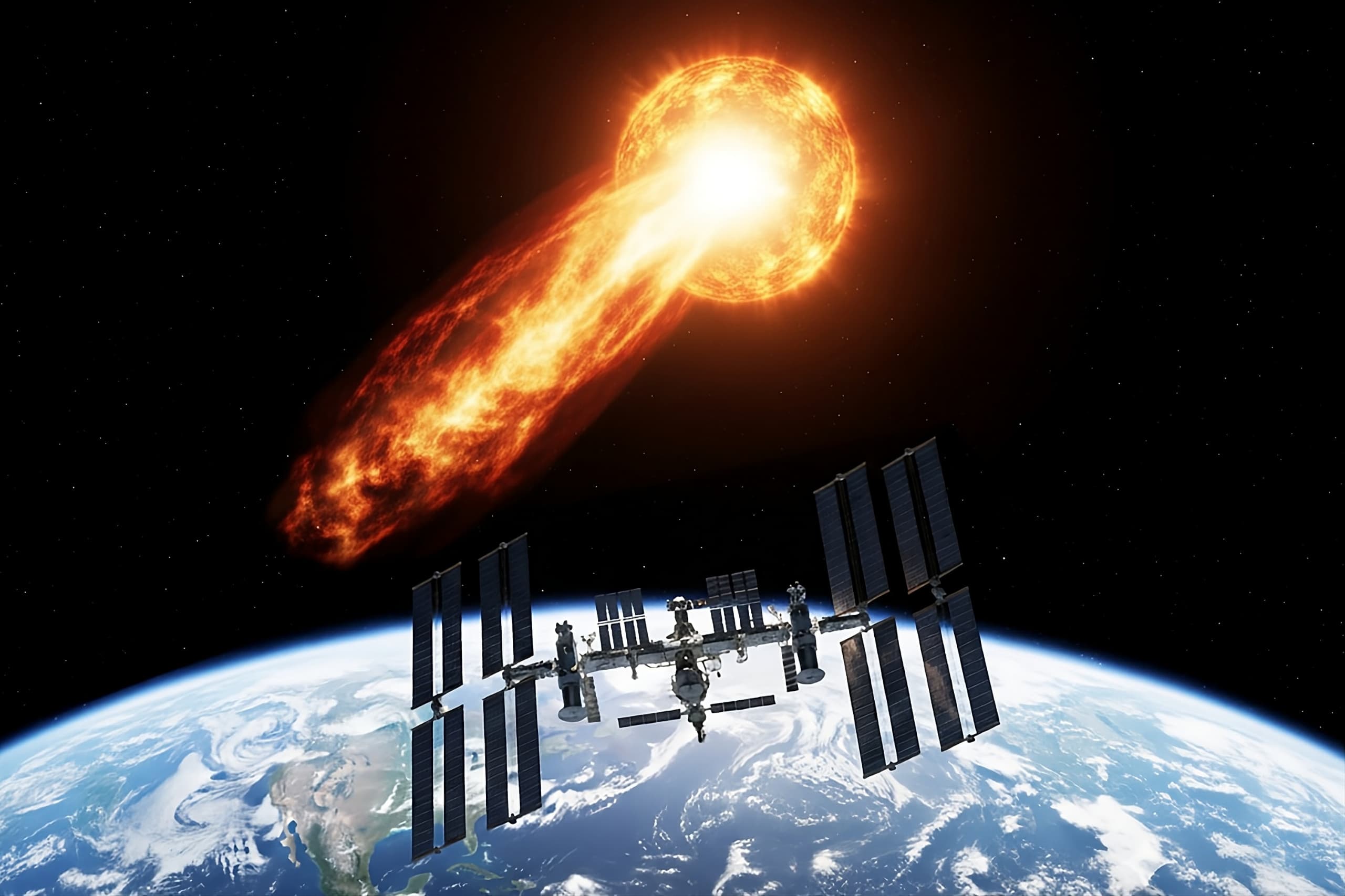 Representação artística e uma forte explosão solar em direção à Terra, com a Estação Espacial Internacional em primeiro plano. Crédito: Imagem gerada por IA/Gemini