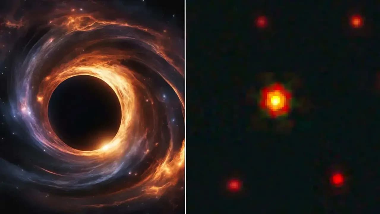 (Esquerda): Ilustração de um buraco negro supermassivo em processo dealimentação. (Direita): Os "pontos vermelhos" identificados na região do céu aoredor do quasar J1030. BiRD é o objeto no centro: ele se destaca dos outrospontos vermelhos por estar mais próximo e, portanto, ser mais brilhante (Créditoda imagem: F. Loiacono, NASA, ESA, CSA).