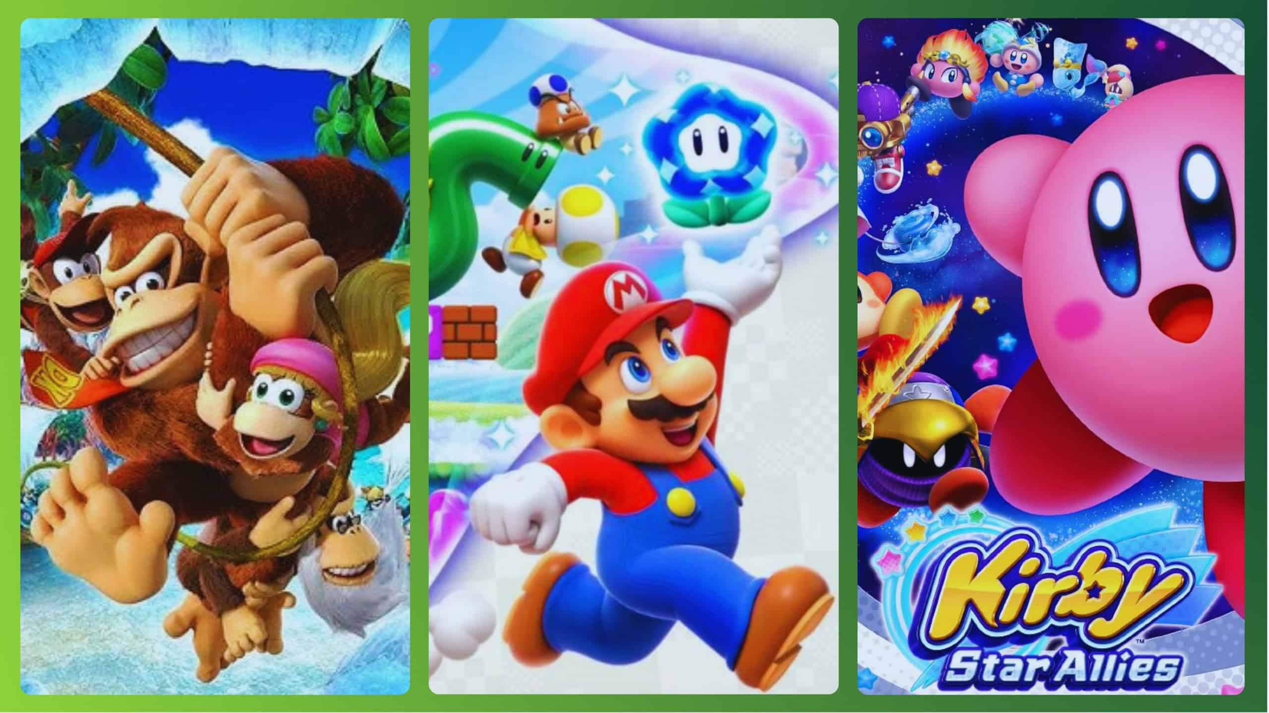 Jogos cooperativos Nintendo Switch: Donkey Kong Tropical Freeze, Mario Wonder e Kirby Star Allies (reprodução/divulgação)