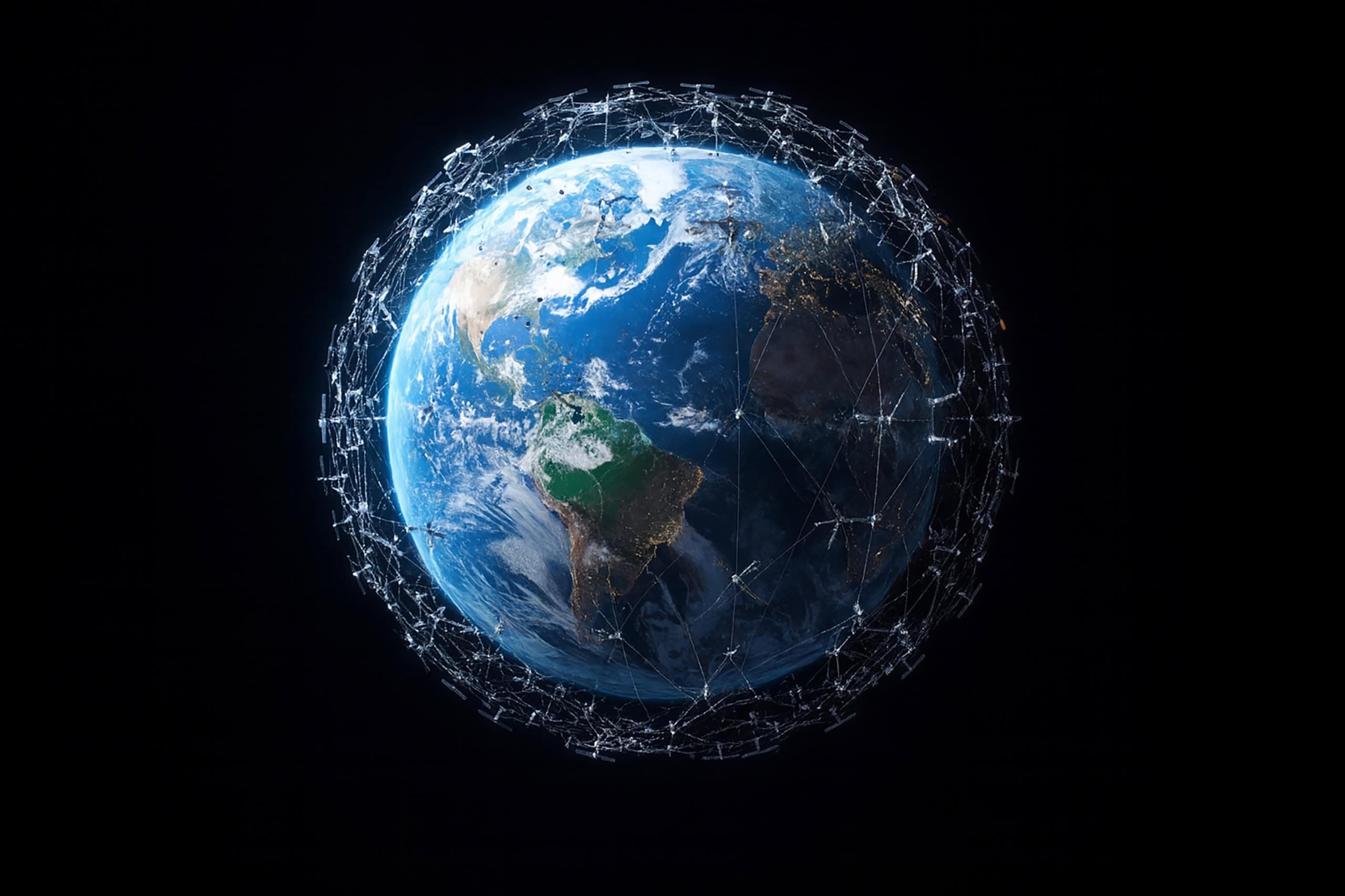 Representação artística da megaconstelação de satélites Starlink na órbita da Terra, que já atingiu 10 mil unidades. Crédito: Imagem gerada por IA/Gemini