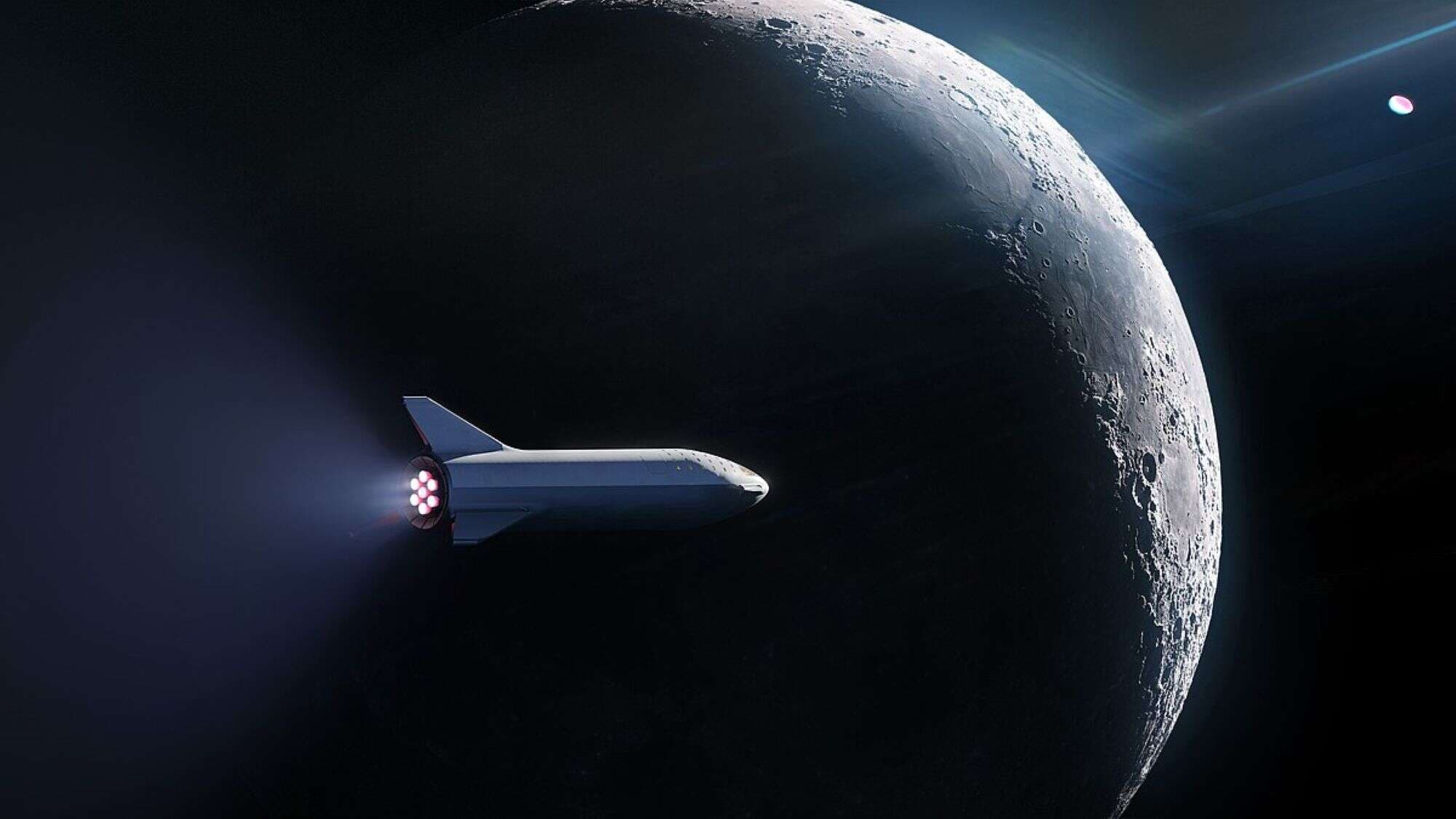 Representação artística do módulo de pouso Starship, da SpaceX, na superfície da Lua. Crédito: SpaceX
