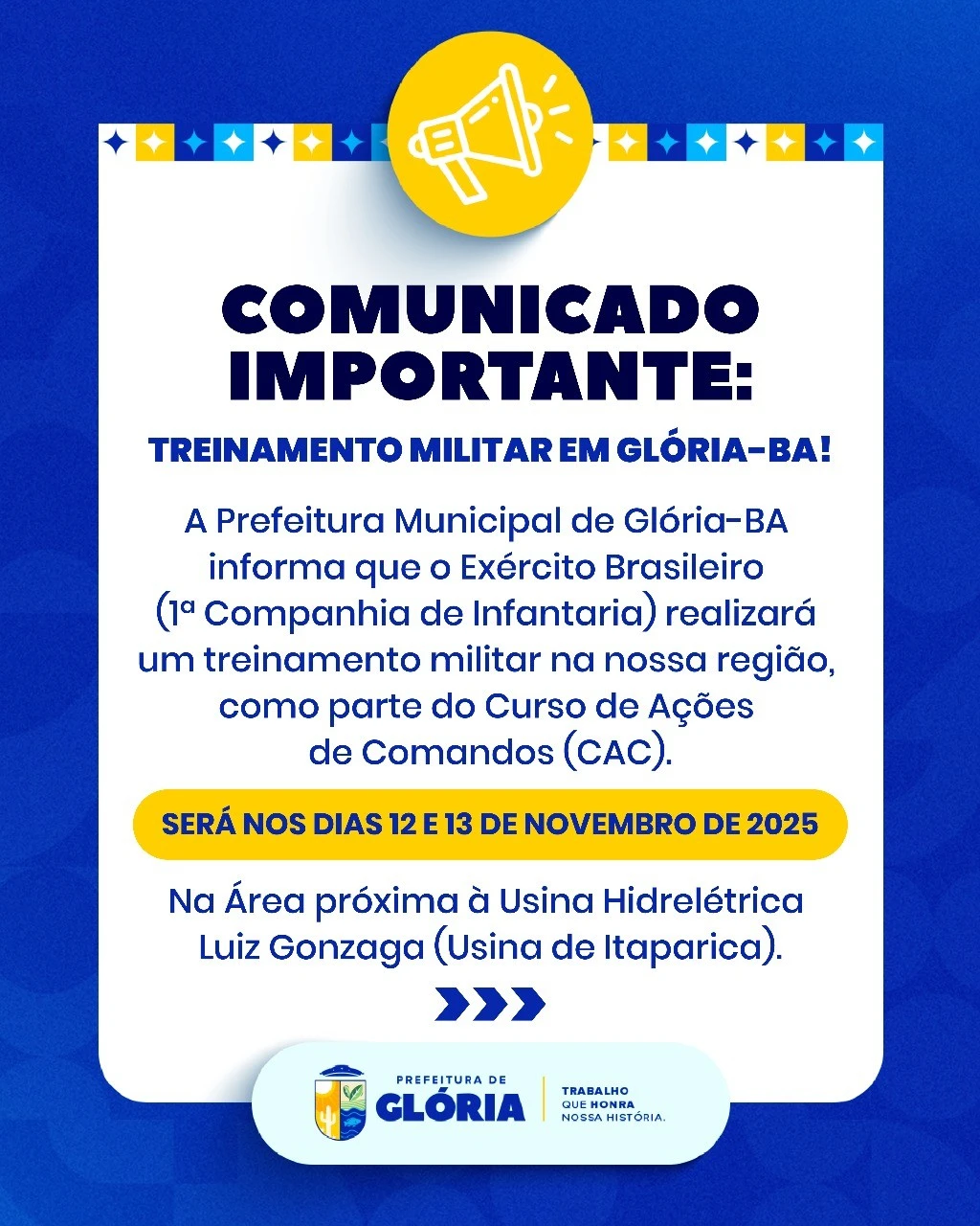 Prefeitura de Glória divulga comunicado oficial sobre treinamento militar do Exército Brasileiro na região