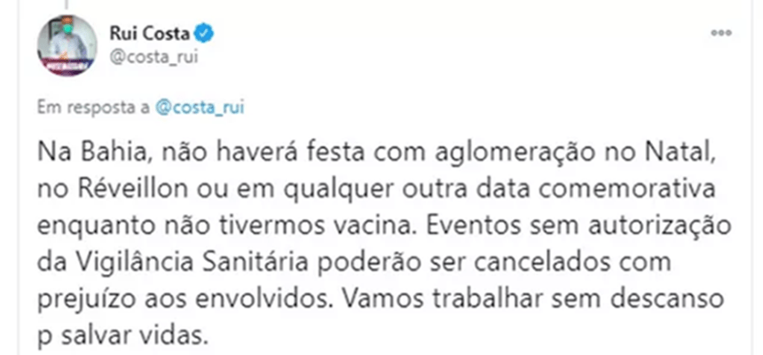 Governador Da Bahia Afirma Que Não Haverá Festa Com Aglomeração No Natal E Ano Novo Sem Vacina Para Covid-19