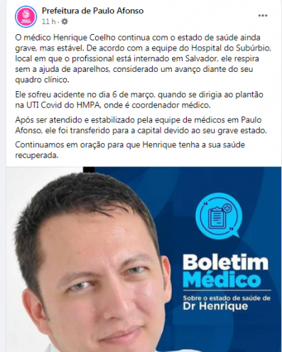 Prefeitura De Paulo Afonso Divulga Boletim Médico Com Estado De Saúde De Dr. Henrique
