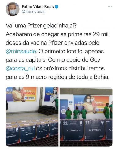 'Vai Uma Pfizer Geladinha Aí?': Primeira Carga Com Mais De 26 Mil Doses De Vacina Chega Na Bahia E Secretário Celebra