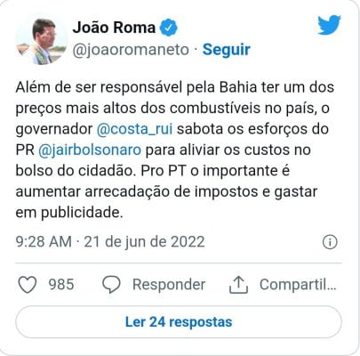 Roma Diz Que Rui Costa ‘Sabota Esforços De Bolsonaro Para Baixar Preços Dos Combustíveis’