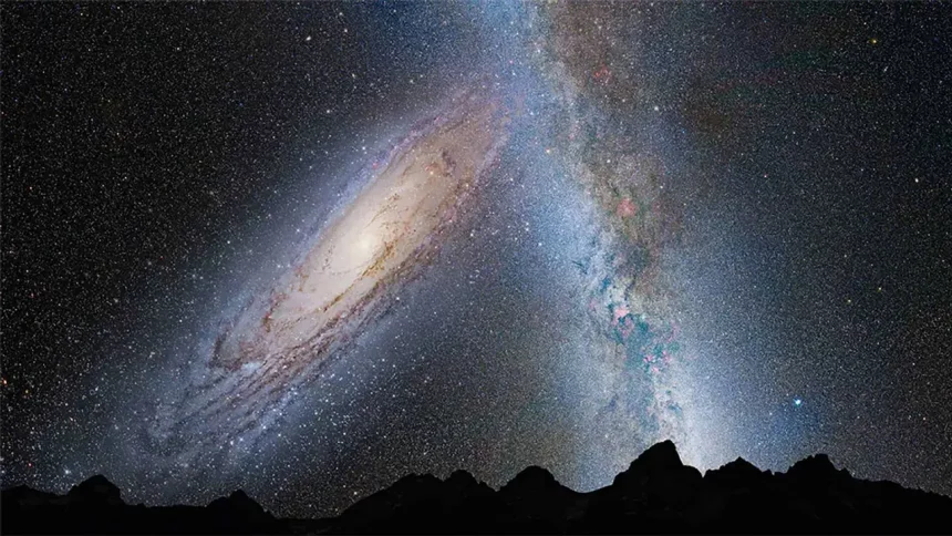 Representação Artística Da Via Láctea E Andrômeda Se Fundindo. Crédito: Nasa; Aee; Z. Levay E R. Van Der Marel, Stsci; T. Hallas; E A. Mellinger