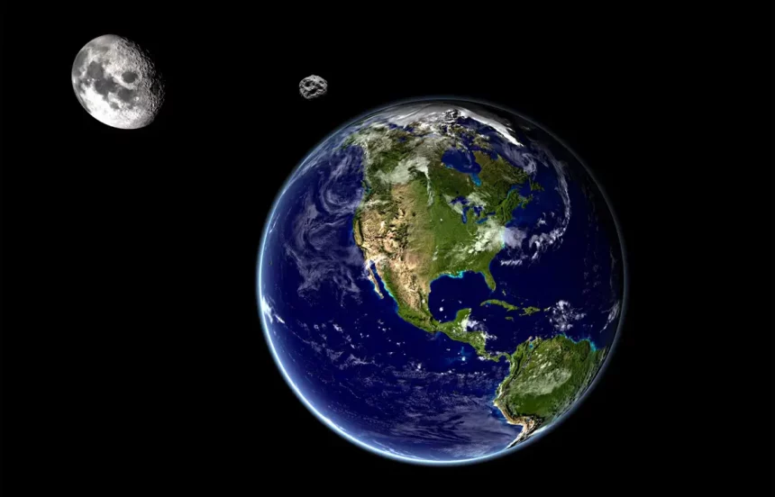 Representação Artística De Uma Minilua Na Órbita Da Terra. Créditos: Dvisions (Lua/Terra) - Buradaki (Asteroide) / Shutterstock. Edição: Olhar Digital