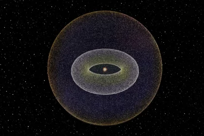 Ilustração Mostra O Sistema Solar Rodeado Pelo Cinturão De Kuiper E, Na Camada Mais Externa Do Diagrama, A Nuvem De Oort, Que Abriga Ambos. Créditos: Maliflower73 (Fundo) / Naeblys (Nuvem De Oort) / Istockphoto. Edição: Olhar Digital