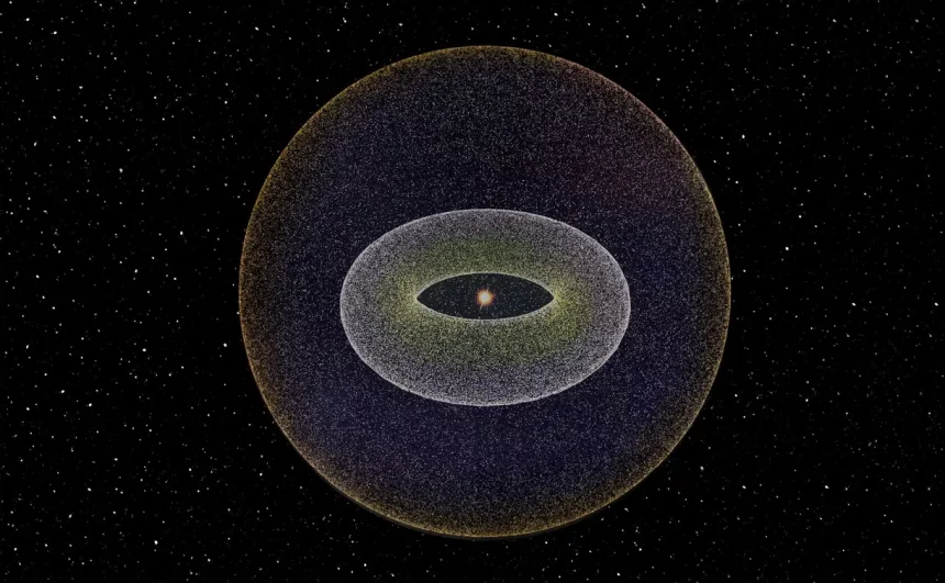 Ilustração Mostra O Sistema Solar Rodeado Pelo Cinturão De Kuiper E, Na Camada Mais Externa Do Diagrama, A Nuvem De Oort, Que Abriga Ambos. Créditos: Maliflower73 (Fundo) / Naeblys (Nuvem De Oort) / Istockphoto. Edição: Olhar Digital