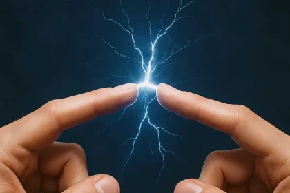 Dois Dedos Quase Se Tocando Com Efeitos Que Simulam A Eletricidade Estática / Crédito: Imagem Realizada Por Ia (Chatgpt/Reprodução)