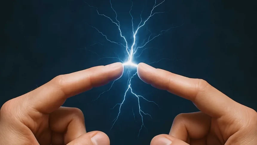 Dois Dedos Quase Se Tocando Com Efeitos Que Simulam A Eletricidade Estática / Crédito: Imagem Realizada Por Ia (Chatgpt/Reprodução)