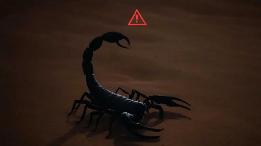 Escorpião Com Um Sinal De Alerta / (Crédito: Imagem Feita Por Inteligência Artificial (Grok/Reprodução)