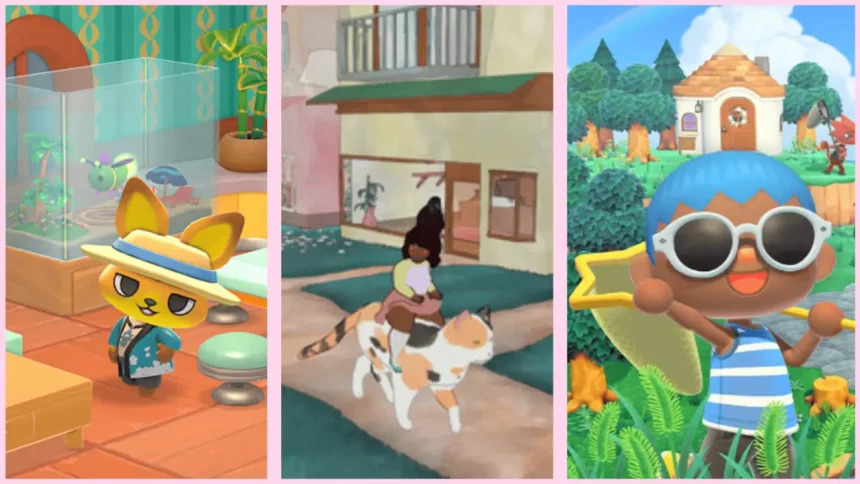 Cozy Games: Hello Kitty Island Adventure (Via Sanrio), Calico (Via Peachy Keen Games), Animal Crossing: New Horizons (Via Nintendo) / Montagem Por Ana Bondance Via Olhar Digital