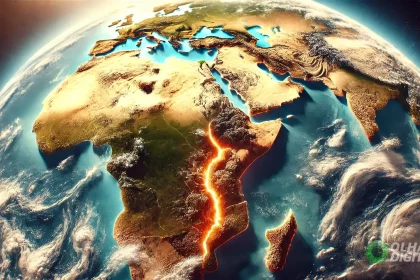Representação Artística Elaborada Com Inteligência Artificial Da África Oriental Dividida Pela Ação De Uma Gigantesca Bolha De Rocha Quente Vinda Da Fronteira Entre O Núcleo E O Manto Da Terra. Crédito: Flavia Correia Via Dall-E/Olhar Digital