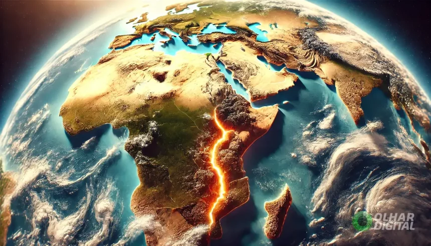 Representação Artística Elaborada Com Inteligência Artificial Da África Oriental Dividida Pela Ação De Uma Gigantesca Bolha De Rocha Quente Vinda Da Fronteira Entre O Núcleo E O Manto Da Terra. Crédito: Flavia Correia Via Dall-E/Olhar Digital