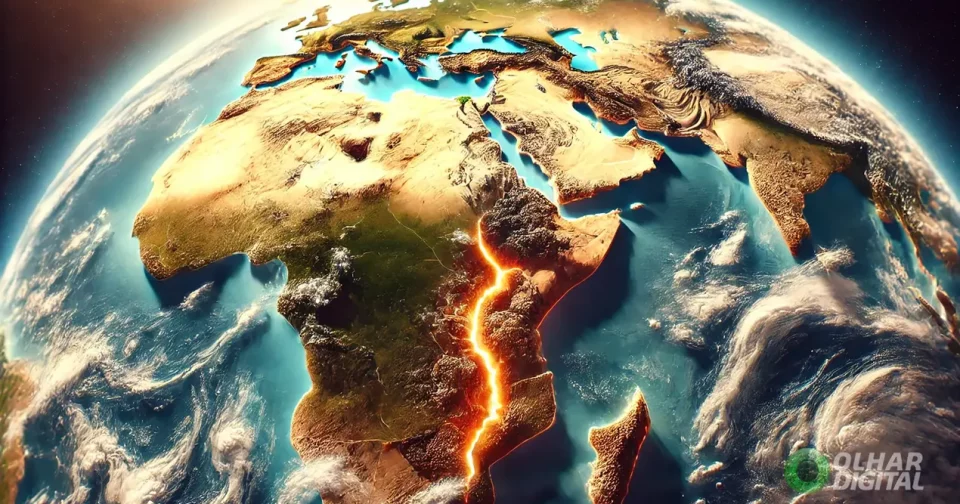 Representação Artística Elaborada Com Inteligência Artificial Da África Oriental Dividida Pela Ação De Uma Gigantesca Bolha De Rocha Quente Vinda Da Fronteira Entre O Núcleo E O Manto Da Terra. Crédito: Flavia Correia Via Dall-E/Olhar Digital