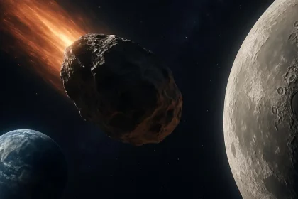 Uma Visualização Dramática Do Asteroide 2024 Yr4 Atravessando O Espaço Em Direção À Lua, Com A Terra Visível Ao Fundo. Imagem Gerada Por Inteligência Artificial / Shutterstock