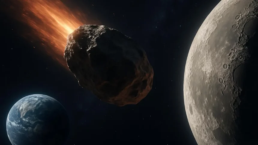 Uma Visualização Dramática Do Asteroide 2024 Yr4 Atravessando O Espaço Em Direção À Lua, Com A Terra Visível Ao Fundo. Imagem Gerada Por Inteligência Artificial / Shutterstock