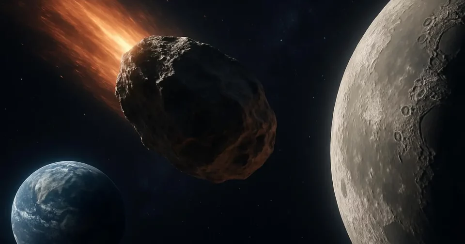 Uma Visualização Dramática Do Asteroide 2024 Yr4 Atravessando O Espaço Em Direção À Lua, Com A Terra Visível Ao Fundo. Imagem Gerada Por Inteligência Artificial / Shutterstock