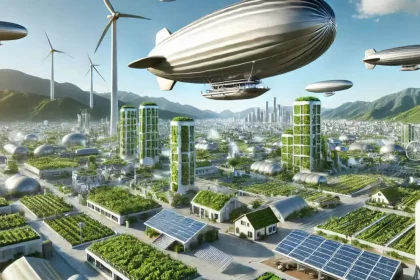 Zepelins Ecológicos Cruzam O Céu De Uma Cidade Verde E Tecnológica Do Futuro (Imagem: Rafael Magalhães/Chatgpt)