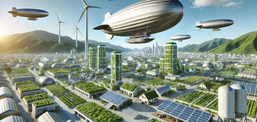 Zepelins Ecológicos Cruzam O Céu De Uma Cidade Verde E Tecnológica Do Futuro (Imagem: Rafael Magalhães/Chatgpt)