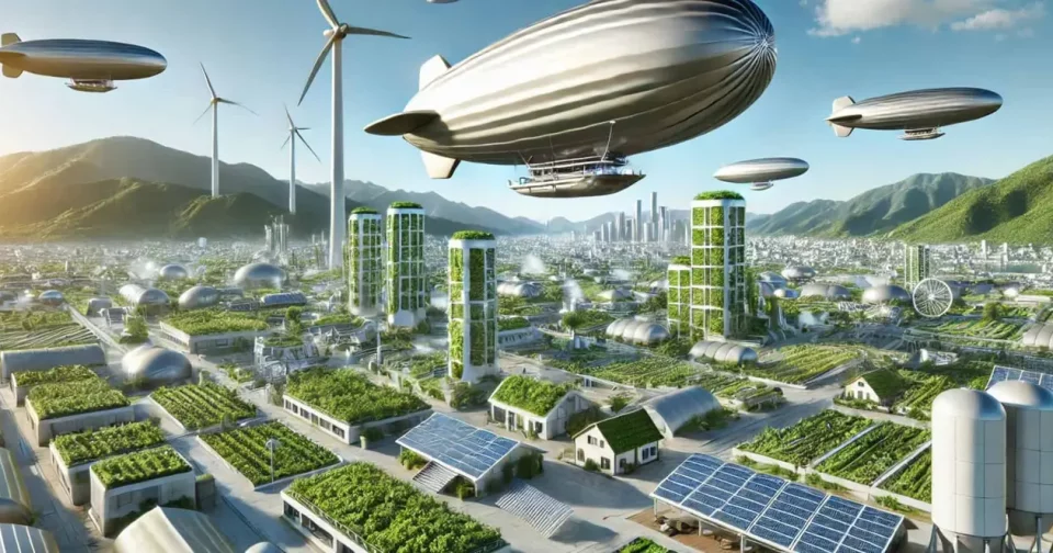 Zepelins Ecológicos Cruzam O Céu De Uma Cidade Verde E Tecnológica Do Futuro (Imagem: Rafael Magalhães/Chatgpt)