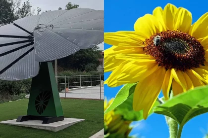 Painel Solar Smartflower (Ivan Ruggiero/Wikimedia) E Girassol Voltado Para O Sol (Pixnio/Domínio Público)