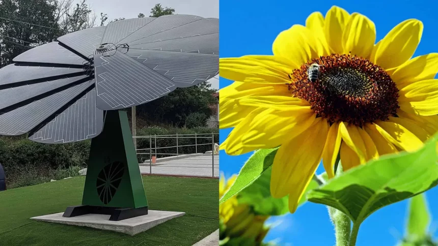 Painel Solar Smartflower (Ivan Ruggiero/Wikimedia) E Girassol Voltado Para O Sol (Pixnio/Domínio Público)